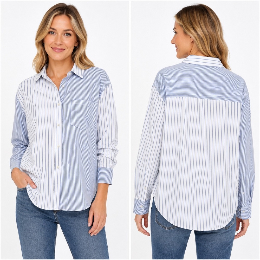 Sonoma Goods For Life Womens Blue White Striped Cotton Button Down Shirt Large
